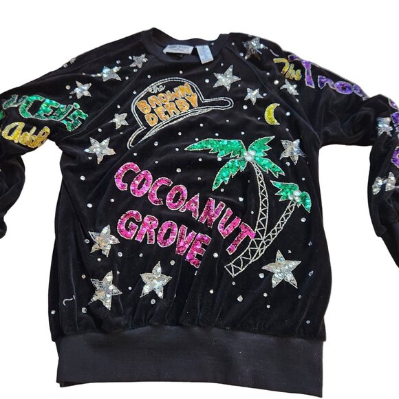 Vintage Bonnie Boerer 80s Black Sequin Velour Top Hollywood Club Graphic Medium - Picture 3 of 6